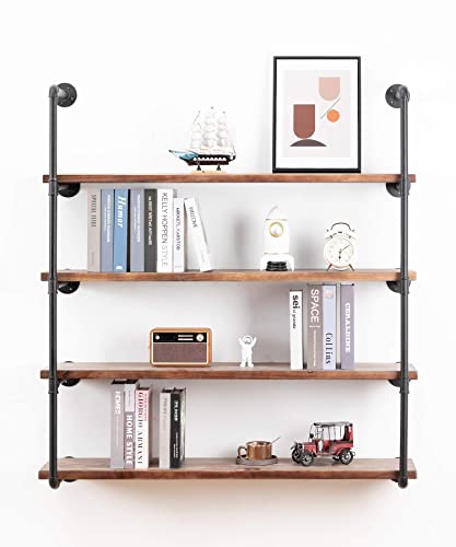 Cthtesy Industrial Wall Mounted Pipe Shelving,Rustic Metal Floating Shelves,Steampunk Real Wood Bookcases,Diy Bookshelf Hanging Shelves, Kitchen Bar Office Home Storage (5-Tier With 4 Boards,48In) #TOP20