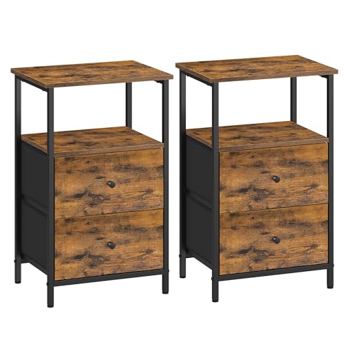 VASAGLE Juego de 2, Mesita de Noche, Mesa Auxiliar con 2 Cajones de Tela, Mesilla Alta de 61 cm con Estante de Almacenamiento, Salón, Dormitorio, Marrón Rústico, Negro Tinta y Negro Mate LGS225K01