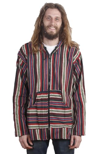 Sunshine Joy Woven Baja Style Zip Up Hoodie Hooded Jacket Multi Stripe