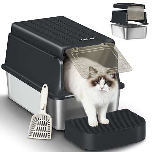 Fobyfurny Edelstahl-Katzenklo mit Deckel, XXL Geschlossene Metall-Katzenklo, Katzentoiletten mit Schaufel und Fußstufe, Herausnehmbar, 120° Klappdeckel, Leicht zu Reinigen, Schwarz, FPLB001SB1