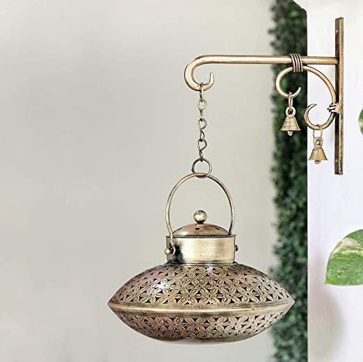 Dhoop Holder and Tea Light Holder for Home and Pooja Room Decor with Wall Hanging Stand and Brass Bells (9(L) x 9(B) x 6(H) inches, Antique Golden Brown).