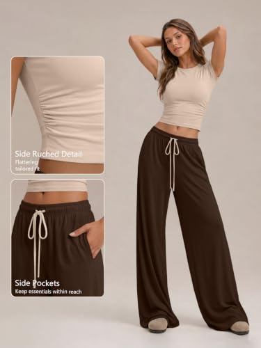 Image of Trendy Queen 2 Piece Matching Summer Lounge Set Womens Side Ruching Top Wide Leg Pants Sets with Pockets