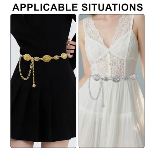 2 PCS Western Belt for Women | Western Chain Belt with Concho | Cowgirl Belt Festival Country Concert Rodeo Accessory | Metal Waist Chain Belt for Dresses (Gold+Silver)2