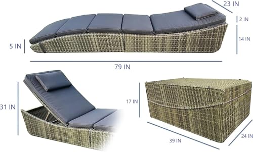 BTEXPERT Set of 2, Foldable Outdoor Chaise Pool Lounge Chairs Folding Wicker Rattan Sun Bed Patio Couch Reclining Lounger Adjustable Padded Backrest Pillow Assembled - Grey - Two