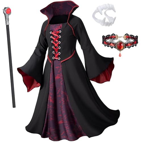 Royal Vampire Costume for Girls Halloween Dress Up with Vampires Props (Fangs Wand Choker) 8-9 Years