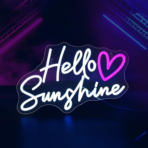 Image of Hello Sunshine Neon Signs for Wall Decor White LED Neon Sign for Room Neon Light Sign for Wall Decor Birthday Party USB Powered