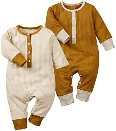Infant Baby Boy 2 Pack Long Sleeve Romper One Piece Ribbed Bodysuit Jumpsuit Outfits Clothes Beige & Yellow 6-9 Months