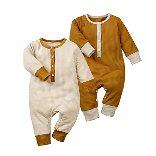 Infant Baby Boy 2 Pack Long Sleeve Romper One Piece Ribbed Bodysuit Jumpsuit Outfits Clothes Beige & Yellow 6-9 Months #TOP21