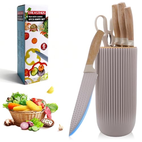 Kezidhp Set de Couteaux de Cuisine – 6 Pièces Couteau Cuisine Khaki à Revêtement Anti-Adhésif, Tranchants & Ergonomiques avec Porte-Couteaux
