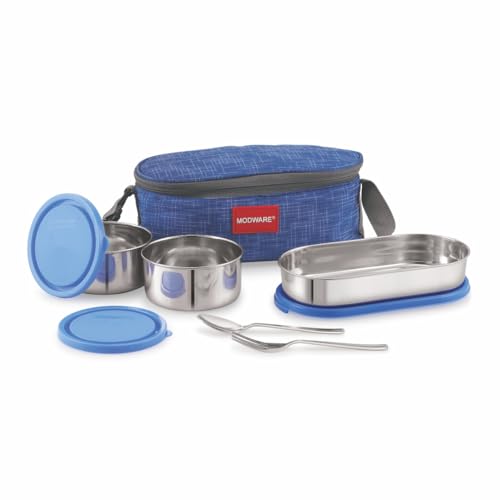 MODWARE Kodra 3 Pro Premium Stainless Steel Lunch Box Set with Leakproof Containers, Insulated Carry Bag, and Stainless Steel Cutlery – Ideal for Office, School, and Travel (Blue) MODWARE Kodra 3 Pro Premium Stainless Steel Lunch Box Set with Leakproof Containers, Insulated Carry Bag, and Stainless Steel Cutlery – Ideal for Office, School, and Travel (Blue)