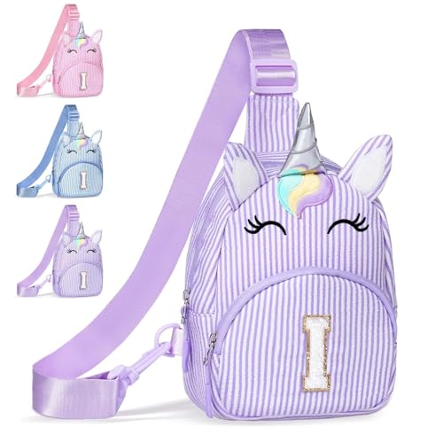 Image of COSHAYSOO Purple Girl Purse Unicorn Crossbody Sling Bag Small, Cute Easter Day Gifts for 3 4 5 6 7 8 9 10 Year Old Girls Easter Basket Stuffers Birthday Party Favor Girly Stuff Initial Letter I