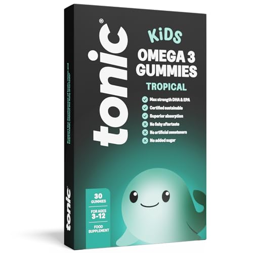 Tonic Health Kids Omega 3 Gummies â€“ No Fishy Taste - 30 Sugar Free Tropical Gummies Max-Strength DHA & EPA Wild-Caught & Sustainably Sourced Supports Brain Vision & Heart Health