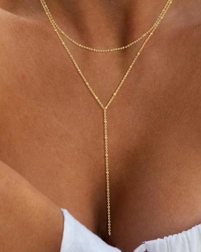 Lariat Gold Necklaces for Women, Dainty 14k Gold Plated Y-Shaped Body Chain Choker Long Necklace Non Tarnish, Layered Necklaces Set Jewelry3