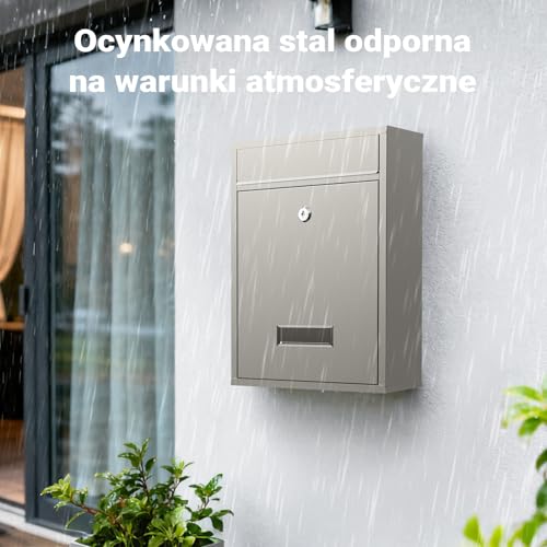 Wiltec Skrzynka na listy V10 ze stali nierdzewnej z zamkiem, nowoczesna stalowa skrzynka pocztowa do montażu na ścianę z kluczami, trwała i bezpieczna