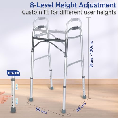 Image of Kosmocare Deluxe Folding Walker With Added Accessories - 3 inch Castors And Auto-Glide Brakes - Silver
