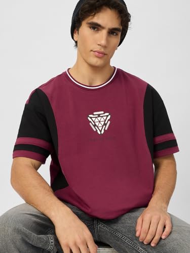 Image of The Souled Store Iron Man: Arc Reactor Men and Boys Short Sleeves Round Neck Maroon and Black Graphic Printed Cotton Oversized T-Shirts