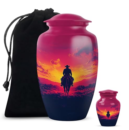 Image of Cowboy Urn - Large & Small Urns for Human Ashes Adult Male - Urn for Ashes for Women - Cremation Urns for Human Ashes (Combo - 10 inch & 3 inch, 2 Pcs)