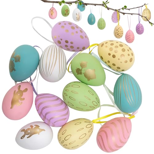 AMJKEJI Ostereier zum Aufhängen 24 Stück Bunte Plastik Ostereier mit Seidenband 6 x 4 cm Eier Dekoration für Oster Party Innen Draussen Dekorationen