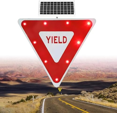 2 Pack 24x24/28x28 Inch Solar Powered LED Yield Signs, Lighted Flashing Traffic Warning Signs for Roads, Illuminated Safety Alert Signal Boards