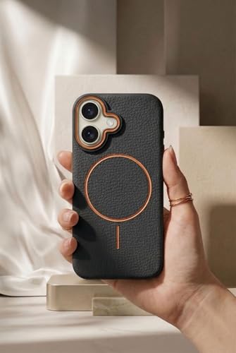 Image of amazon basics Luxury MagSafe Compatible Leather Texture Back Cover for iPhone 16 | Raised Camera Protection | Slim Fit Shockproof Case with Metallic Accents (Black)