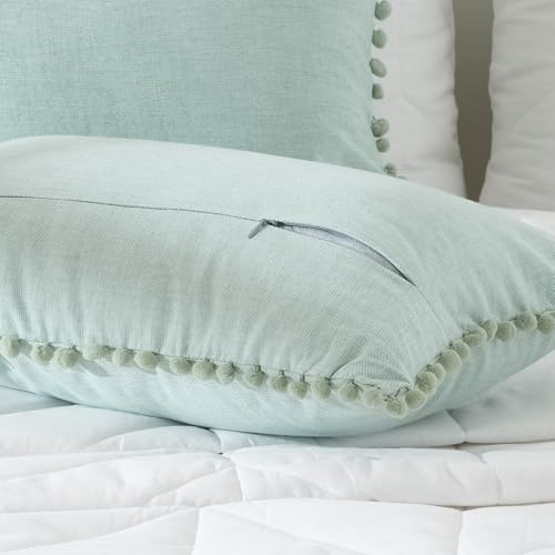 Image of 100% Cotton Pom Pom Cushion Without Filler, Elegant & Modern Cushion Cover for Living Room, Rectangle, 12 inchx20 inch, uni Chambray, Set of 4 - Celadon Green
