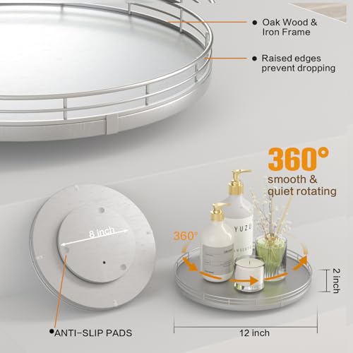 Image of 12 inch Silver Lazy Susan for Table Top, Oak Wood Lazy Susan Turntable Organizer for Dining Coffee Table Centerpiece Bar Decor Kitchen Countertop Bathroom Vanity Decorative Tray for Perfume Jewelry Round
