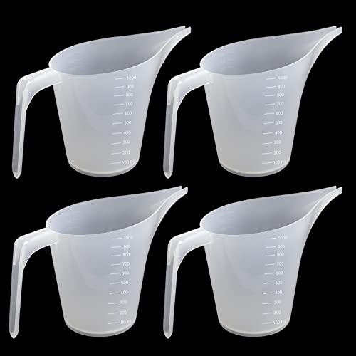 4 Pieces Plastic Funnel Pitcher 1000ml Capacity Measuring Cups with Long Spouts and Clear Scales for Canning Watering Plants