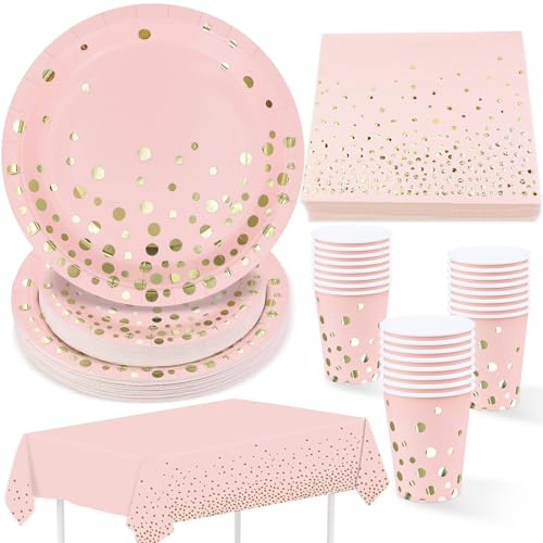 Vaisselle de fête Jetables, Lot de 97 Assiettes en papier, Serviettes, Gobelets en papier, Nappe Rose avec feuille d’or Ensemble Vaisselle
