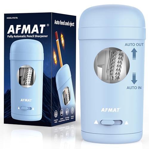 AFMAT Vollautomatischer Elektrischer Anspitzer mit Behälter für 7-8 mm Stifte, Auto in&Out, Auto-Stop Elektrischer Spitzer, Wiederaufladbarer Bleistiftspitzer für Haus, Büro, Schule,Blau