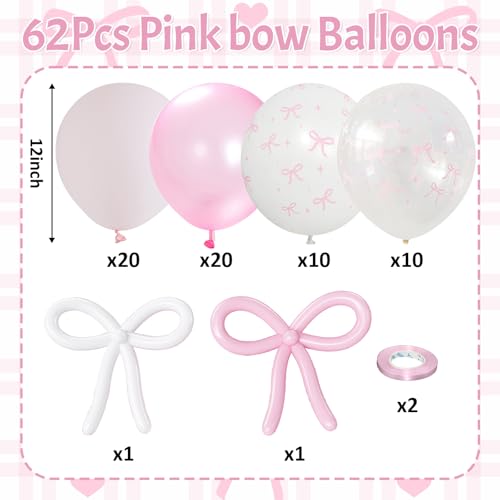 Image of Pink Bow Balloons, 62Pcs Pastel Light Pink Clear White Bow Latex Balloons, 12Inch Transparent Bowknot Print Helium Balloon for Girls Women Princess Coquette Birthday Wedding Bridal Baby Shower Party