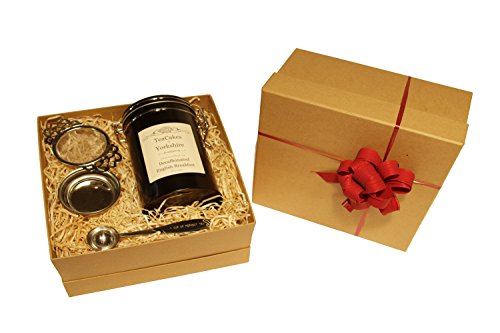 Decaffeinated English Breakfast Tea Gift Set Decaff Black Loose Leaf Tea Wrapped 100g in Caddy with Tea Strainer and Measuring Spoon by TeaCakes of Yorkshire