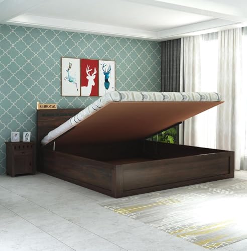 Image of Solid Sheesham Wood Queen Size Bed with Hydraulic Storage for Living Room Bedroom Home | Wooden Queen Size Cot Palang (Walnut Finish) - 1 Year Warranty