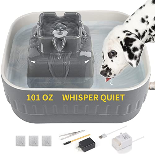 Dog Fountain, 101Oz/3L Dog Water Fountain, Ceramic Cat Fountain, Automatic Cat Water Fountain, Healthier Than Plastic Pet Water Fountains, Dishwasher Safe, Easy To Clean, W/3 Replacement Filters, Gray #TOP10