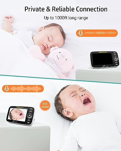 Split screen baby monitor, large display video baby monitor with 2 cameras and audio, 1000ft long range, Remote pan tilt, Night vision, temperature sensor, 2 way talk, feeding clock and lullabies. - Thumbnail 5