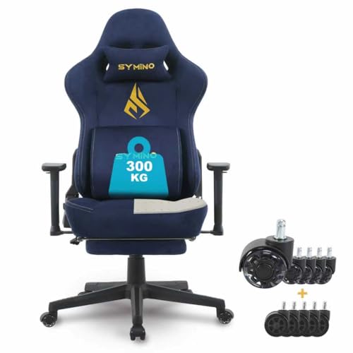 Symino Gaming Stuhl mit Latex Sitzkissen 300kg Belastbarkeit, Ergonomischer PC-Stuhl mit Memory-Schaum Lendenwirbelstütze und Kopfstütze, Atmungsaktiver Bürostuhl aus Wildlederimitat, Dunkelblau