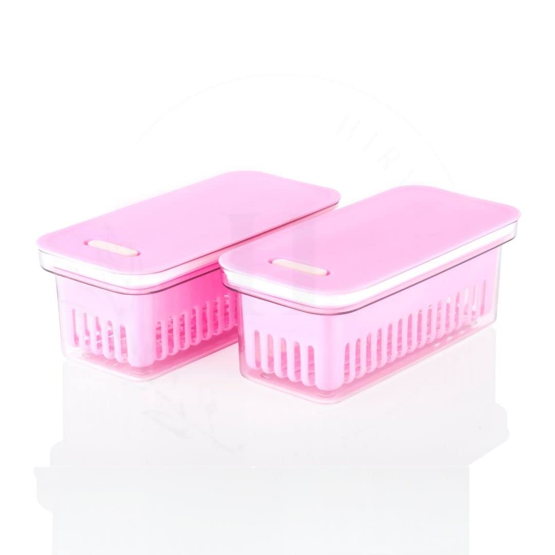 HIRVALL Refrigerator Fresh Boxes, Produce Saver Storage Containers, Fridge Organizer with Removable Draining Board and Air Hole, Keep Vegetables Fresh,Easy to Clean-1500ML. - Pack Of 2. (Pink)