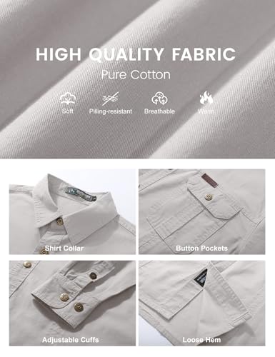 Eisctnd Men's Long Sleeve Work Shirt, Utility Cotton Button Down Cargo Shirts with Pockets for Casual Outdoor Safari Beige