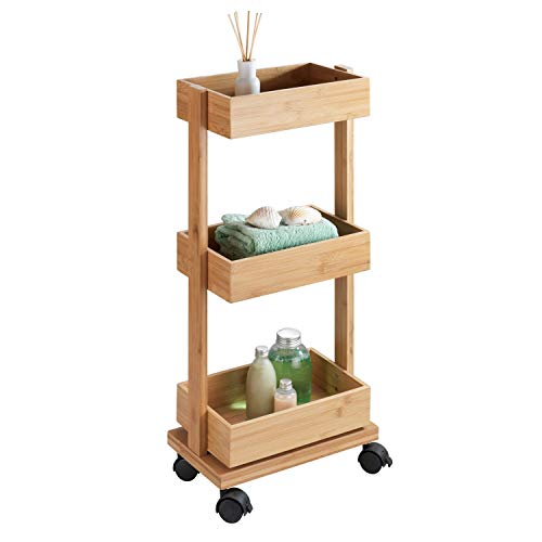 Wenko Scaffale Tortona, Scaffale Su Ruote Con 3 Ripiani, Armadio Da Bagno In Bambù, Carrello Da Bagno, Carrello Per Il Bagno, 18 X 71,5 X 31 Cm, Natur