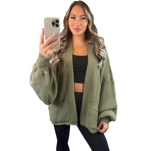 Image of eyes Khaki Women's Ladies Oversized Long Cardigan Balloon Sleeve Baggy Boyfriend Chunky Ribbed Open Knitted Maxi Pocket Warm Casual Plain Winter Jumper Sweater Top UK 6-18
