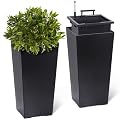 PeakPursuit 22" Tall Planters Set of 2, Outdoor?Indoor Black Planter Pots, High Front Porch Planter Pots with Drainage Holes?Water Level Monitor?Inner Bucket, Automatic Watering, Black