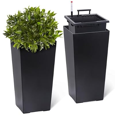 PeakPursuit 22" Tall Planters Set of 2, Outdoor?Indoor Black Planter Pots, High Front Porch Planter Pots with Drainage Holes?Water Level Monitor?Inner Bucket, Automatic Watering, Black