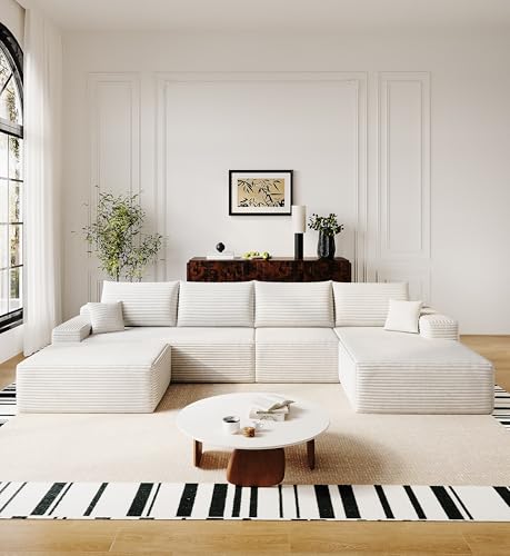 136" Sectional Couches for Living Room Modern Modular Sofa with L-Shape Couchs Upholstered Boneless Couch Deep Seat Sectional Couch with Chaise (White, Right Facing Chaise+3Seaters+Ottoman)