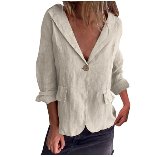 Women Cotton Linen Suit Coat Long Sleeve Cardigan Jacket Coat Lapel Loose Plain Suit Casual Soft Office Work Jacket