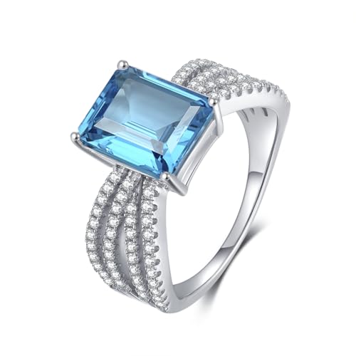 Emerald Cut Blue Topaz and Diamond Ring, Sterling Silver