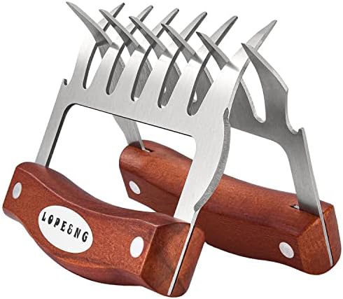 LOPE & NG Meat Handler Shredder Claws Set Of 2 - Wood Stainless Steel BBQ Pulled Pork Paws For Shredding Handing Carving Food