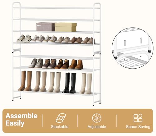 Image of KEETDY 4-Tier Long Shoe Rack for Closet Floor, Wide Shoe Organizer Storage, Stackable Shoe Rack for Entryway Metal Shoe Shelf for 30 Pairs Men Sneakers with Wire Grid for Bedroom, White