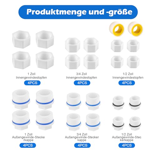 YiJiuBa 24Pcs Blindstopfen Wasserleitung mit Dichtung, Blindstopfen 1 1/2 3/4 zoll Wasserleitung Außengewinde und Innengewind, BSP Verschlusskappe für Waschmaschine Geschirrspüler Wasse