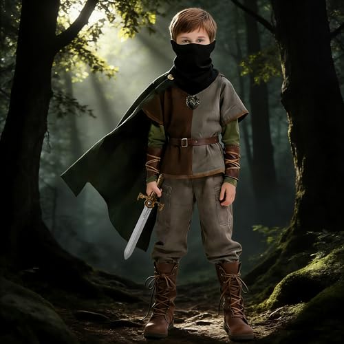 Image of 8 Pcs Medieval Viking Costume for Kids Boys Renaissance Dress Up