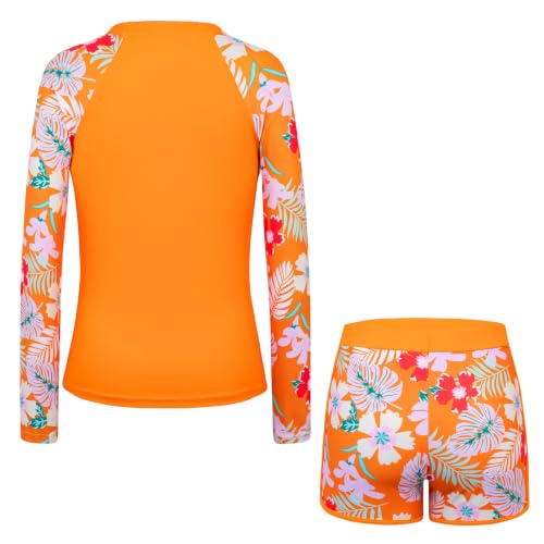 Dolxico Girls Rash Guard Swimsuits 2 Piece Long Sleeve Bathing Suits UPF 50+ Half Zip Printed Boyshorts for Teens Girls' Summer Swimwear Size 15-16 Years(Orange Flower) — view 4