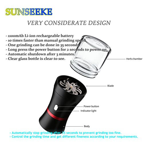 Sunseeke Electric Herb Grinder Built-In Battery, 2Pcs 1.7Oz Glass Herb Chamber Mini- Portable Black #TOP1